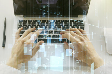 Multi exposure of stats data illustration with hands typing on computer keyboard on background,...