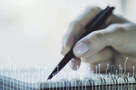Creative abstract micro circuit sketch and woman hand writing in notepad on background, future technology and AI concept. double exposureの写真素材