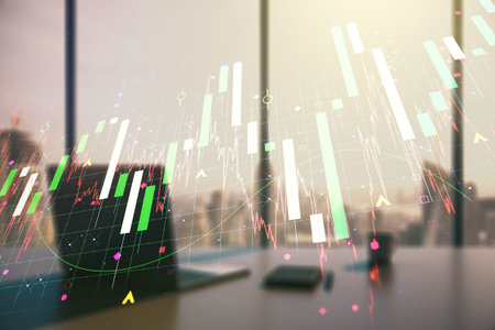Double exposure of abstract creative financial diagram and modern desk with computer on background,...
