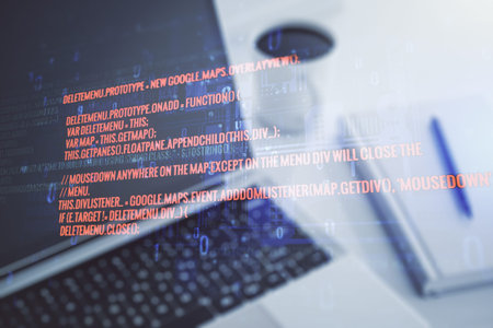 Multi exposure of abstract programming language hologram on computer background, artificial...