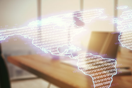 Double exposure of digital America map on laptop background, research and strategy concept