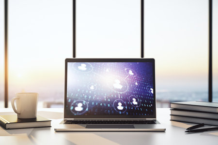 Modern computer screen with social network media concept. 3D Renderingの写真素材