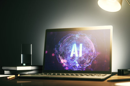 Creative artificial Intelligence symbol concept on modern computer monitor. 3D Renderingの写真素材