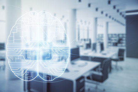 Virtual creative artificial Intelligence hologram with human brain sketch on a modern furnished...