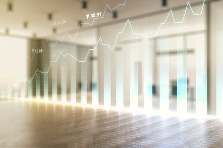 Double exposure of abstract creative financial chart hologram on modern corporate office background,...