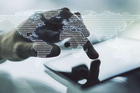 Multi exposure of abstract creative digital world map and finger presses on a digital tablet on background, research and analytics conceptの写真素材