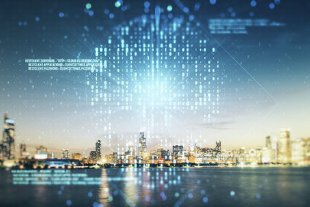 Abstract virtual creative code skull hologram on Chicago office buildings background, theft of...