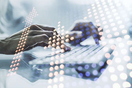 Creative abstract upward arrows sketch and hands typing on computer keyboard on background, target and goal concept. Multiexposureの写真素材