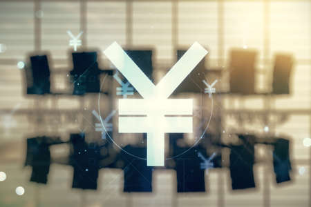 Double exposure of abstract virtual Japanese Yen symbol hologram on a modern meeting room background. Banking and investing conceptの写真素材