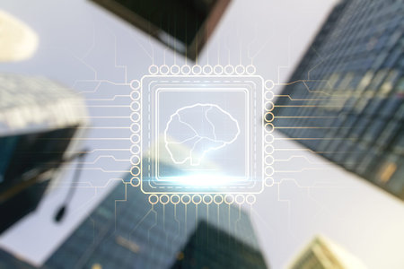Double exposure of creative human brain microcircuit hologram on blurry cityscape background. Future...