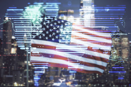Multi exposure of abstract creative digital world map hologram on USA flag and blurry cityscape background, tourism and traveling conceptの写真素材