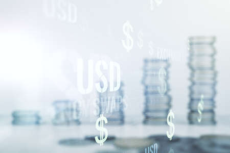 Virtual USD symbols illustration on stacks of coins background. Trading and currency concept. Multiexposureの写真素材