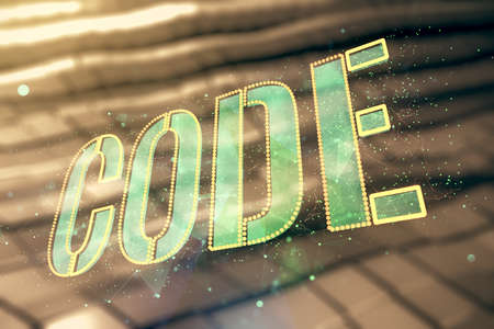 Code word hologram on blurry metal background, artificial intelligence and neural networks concept. Multiexposureの写真素材