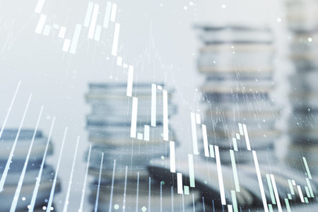Double exposure of abstract creative financial chart hologram on growing stacks of coins background,...