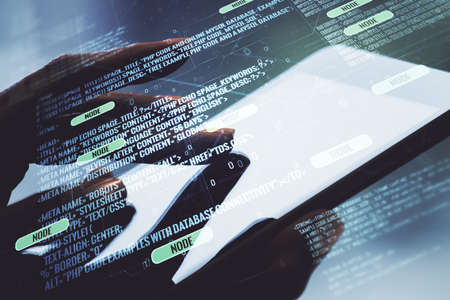 Multi exposure of abstract software development hologram and finger presses on a digital tablet on background, research and analytics conceptの写真素材