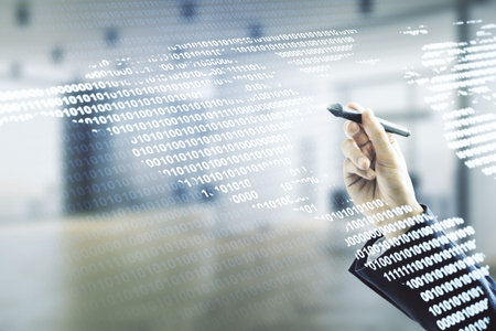 Man hand with pen working with virtual digital map of North America on blurred office background,...