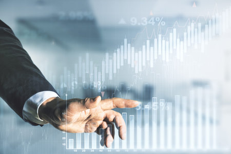 Multi exposure of trader hand clicks on virtual abstract financial graph interface on blurred office...