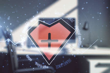 Creative abstract heart rate sketch and modern desk with computer on background, Medicine and healthcare concept. Multiexposureの写真素材