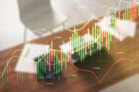 Double exposure of abstract creative financial diagram and modern desk with computer on background,...