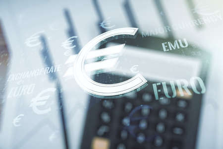 Virtual EURO symbols illustration on blurry calculator and papers background, forex and currency concept. Multiexposureの写真素材