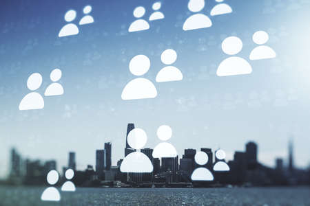 Abstract virtual social network hologram on San Francisco cityscape background. Double exposureの写真素材