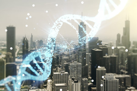 DNA hologram on Chicago office buildings background, biotechnology and genetic concept....