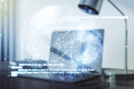 Double exposure of abstract creative programming illustration with world map on computer background,...