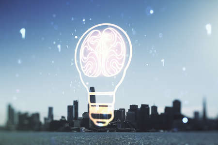 Abstract virtual idea concept with light bulb and human brain illustration on San Francisco skyline background. Neural networks and machine learning concept. Multiexposureの写真素材
