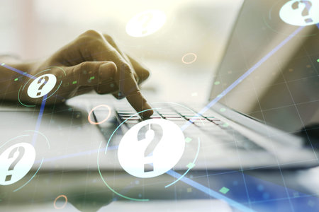Double exposure of question mark hologram and hands typing on laptop on background. Sociology and...