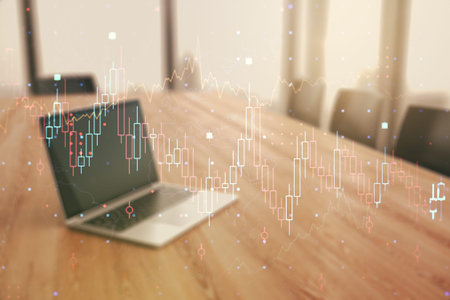 Multi exposure of abstract financial diagram on computer background, banking and accounting concept