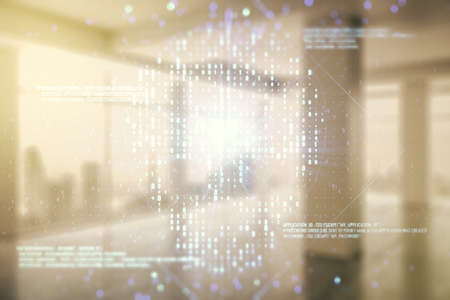 Abstract virtual code skull hologram on modern interior background, cybercrime and hacking concept. Multiexposureの写真素材