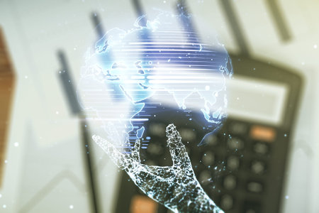 Multi exposure of abstract creative digital world map hologram on calculator background, tourism and traveling conceptの写真素材