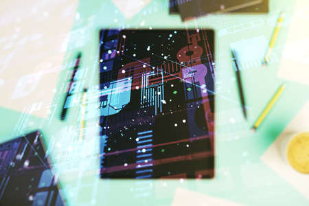 Double exposure of abstract creative programming illustration and modern digital tablet on background, big data and blockchain conceptの写真素材