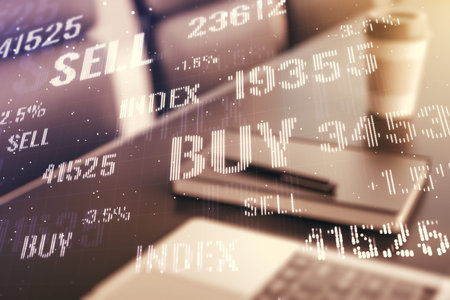 Double exposure of abstract creative financial diagram on modern laptop background, banking and accounting conceptの写真素材