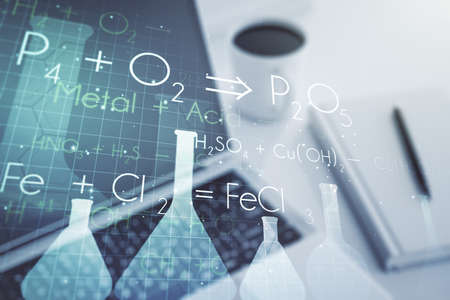 Creative chemistry concept on modern laptop background. Multiexposureの写真素材