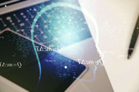 Creative artificial Intelligence concept with human head sketch on modern computer background. Double exposureの写真素材