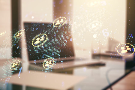 Double exposure of social network icons concept with world map and computer on background....