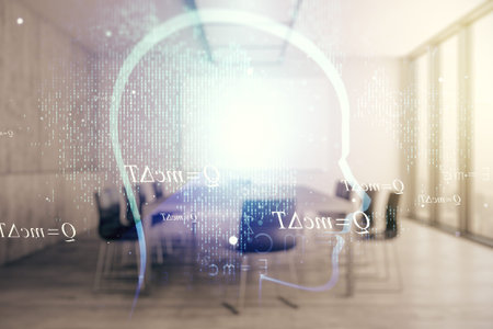 Abstract virtual artificial Intelligence concept with human head sketch on a modern coworking room...