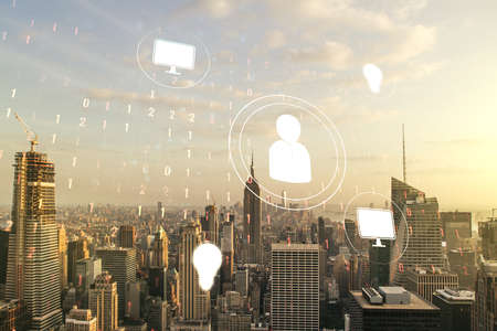 Double exposure of abstract virtual social network icons on New York city skyscrapers background. Marketing and promotion conceptの写真素材