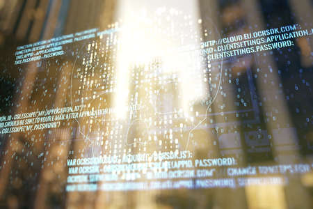 Abstract virtual code skull hologram on modern architecture background, cybercrime and hacking concept. Multiexposureの写真素材