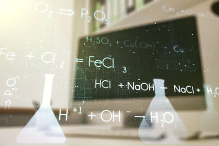 Creative chemistry hologram and modern desk with computer on background, pharmaceutical research concept. Multiexposureの写真素材