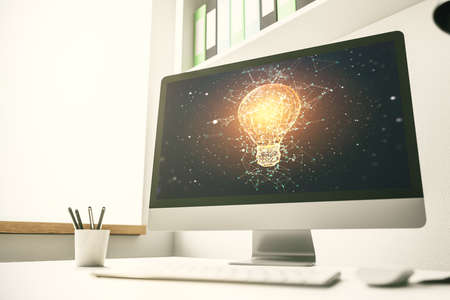 Creative light bulb hologram on modern laptop monitor, idea concept. 3D Renderingの写真素材