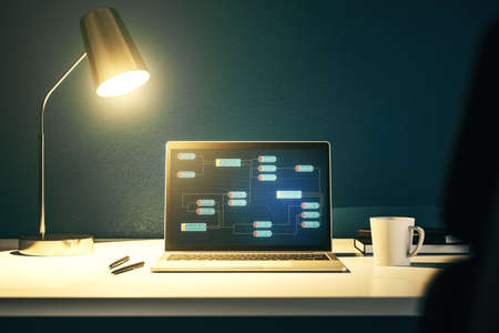 Modern computer display with abstract software development hologram, research and analytics concept. 3D Renderingの写真素材