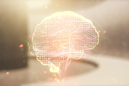 Virtual creative artificial Intelligence hologram with human brain sketch on modern interior background. Double exposureの写真素材