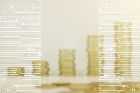 Double exposure of abstract virtual circuit hologram on growing stacks of coins background. Research and development hardware conceptの写真素材