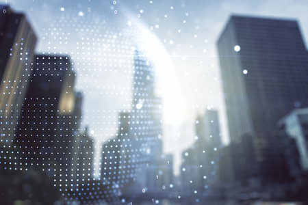 Multi exposure of abstract graphic world map on modern architecture background, big data and networking conceptの写真素材