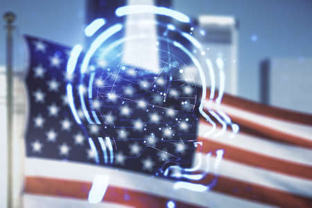 Abstract virtual artificial Intelligence concept with human head sketch on USA flag and blurry skyscrapers background. Double exposureの写真素材