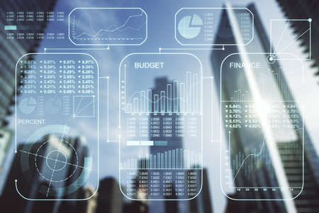 Abstract virtual analytics data spreadsheet on modern architecture background, analytics and analysis concept. Multiexposureの写真素材