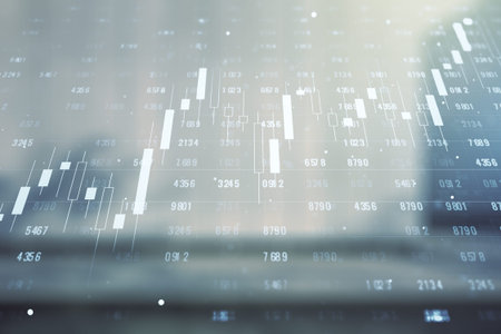 Multi exposure of creative statistics data hologram on modern business center exterior background,...