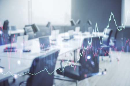 Multi exposure of virtual abstract financial diagram on a modern furnished office interior...